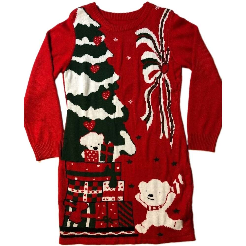 Vintage Ugly Christmas Sweater Dress Red Knitted Snow Bear Women's Plus Sz. XXXL